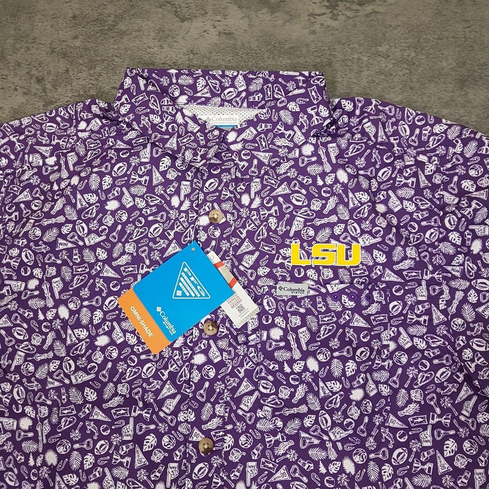 COLUMBIA CLG LSU Tigers Super Slack Tide Shirt‎ Mens Size SMALL Purple
